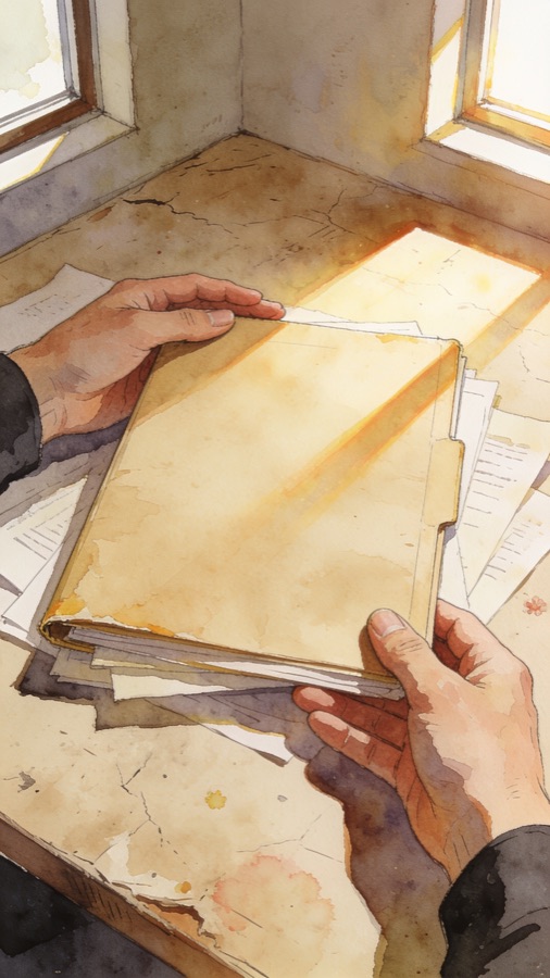 Hands opening a worn folder