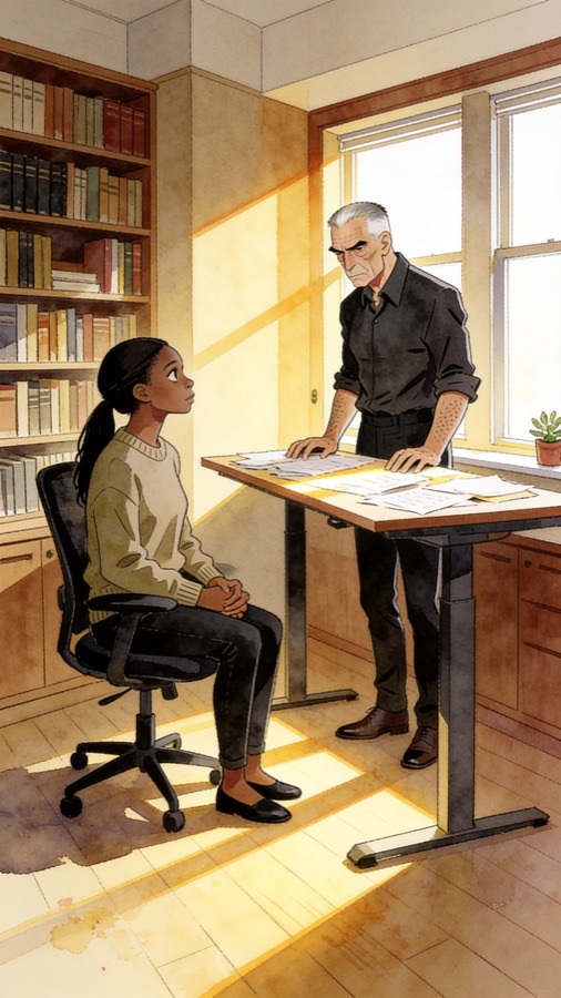 Amara seated, Felix standing at the desk