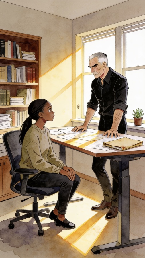 Felix at his desk while Amara sits across from him in a sunlit study